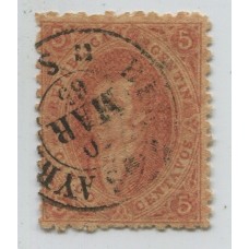 ARGENTINA 1865 GJ 20i RIVADAVIA ESTAMPILLA DE TERCERA TIRADA VARIEDAD PAPEL RAYADO Y DELGADO U$ 85 MATASELLO 30-MAR-1865